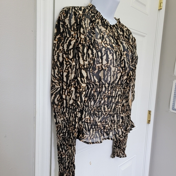 NWT Halogen Black Tan Animal Print Blouse Sheer Long Sleeve High Neck Ruched S - Picture 5 of 10